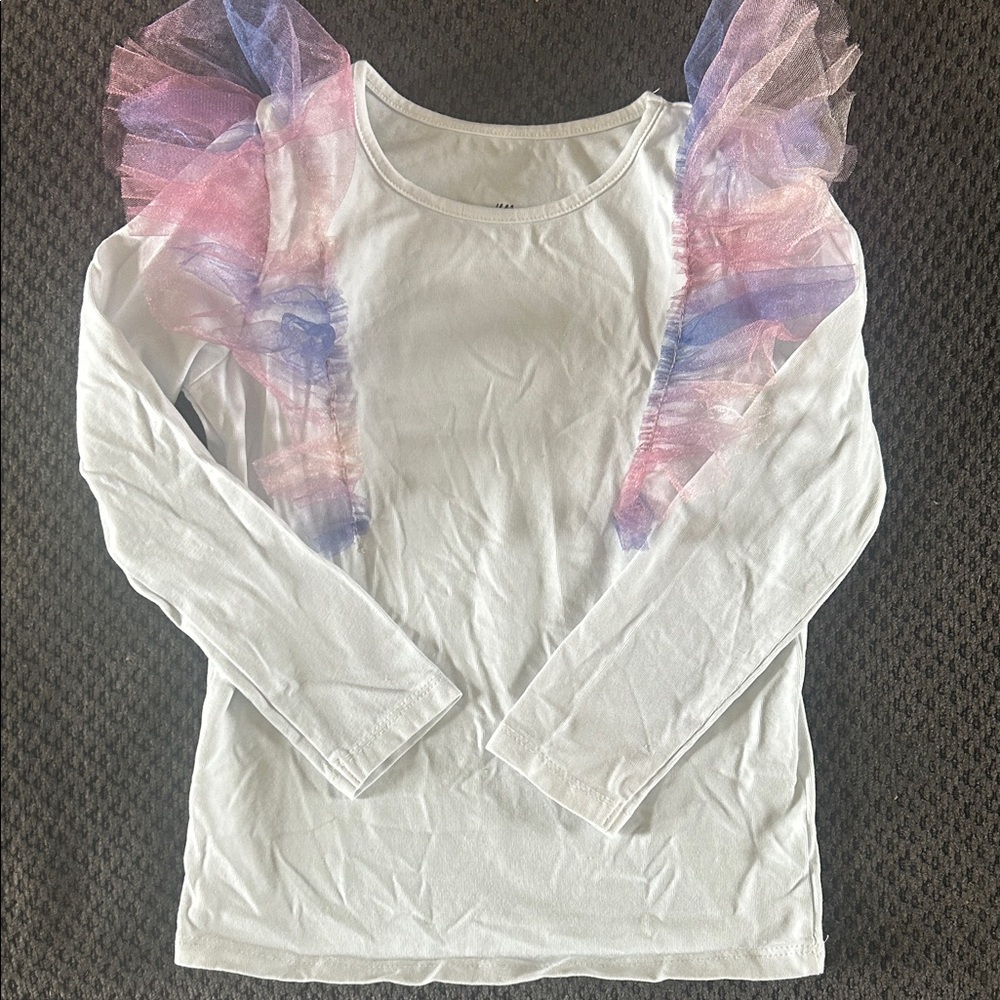 H&M White Long-Sleeve Top with Pink and Purple Ruffle Shoulders